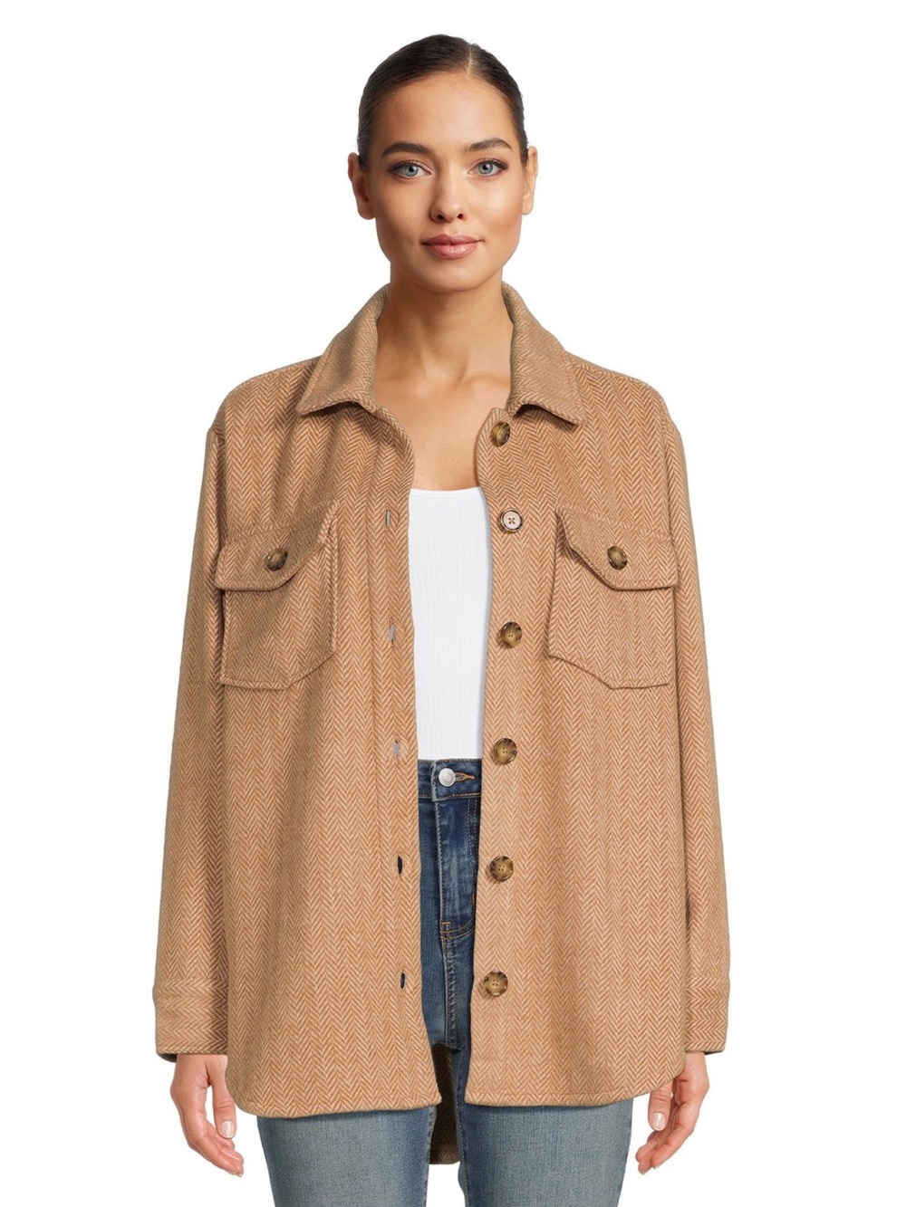 Time and Tru Herringbone Shacket Tan Beige Button Front Fall Jacket